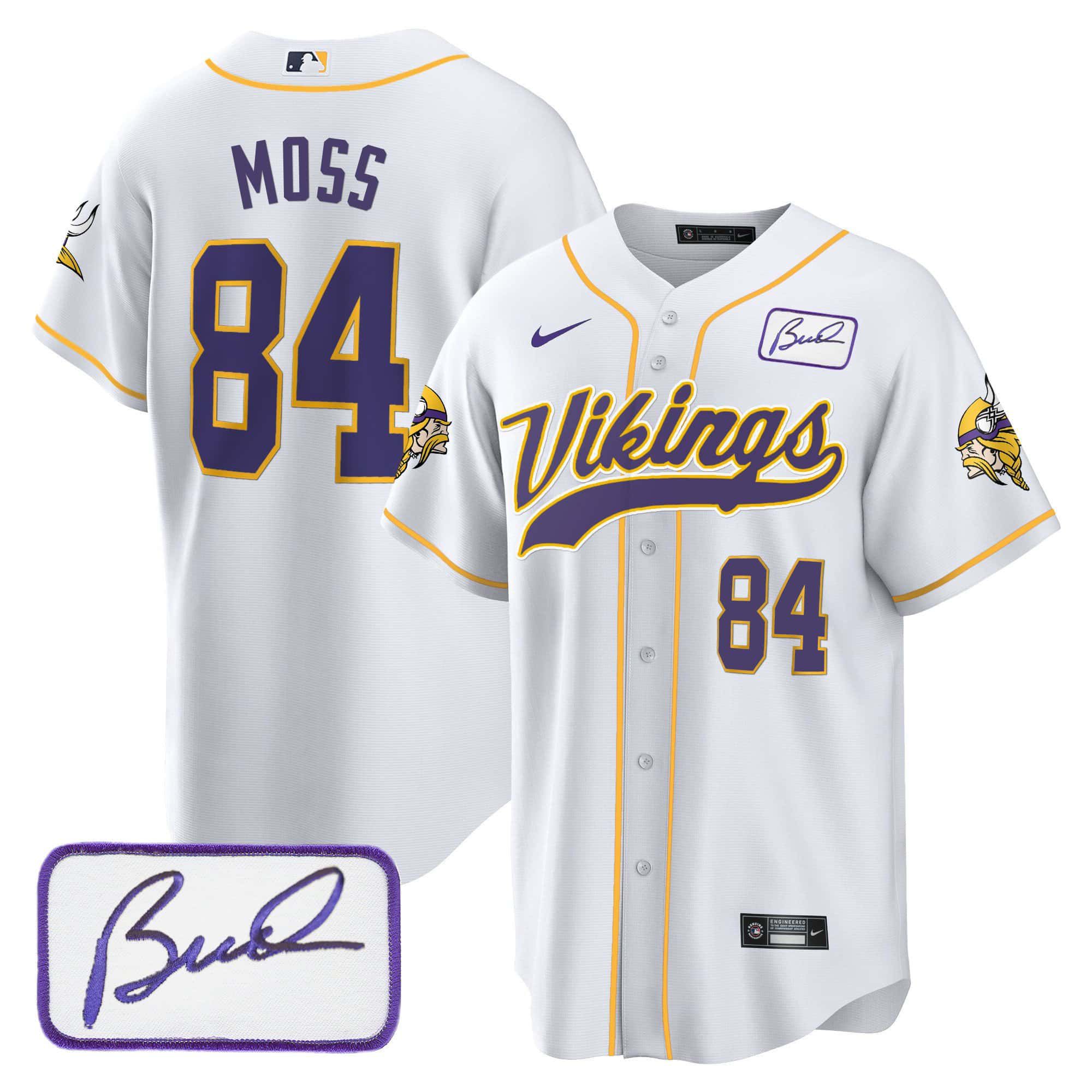 Men Minnesota Vikings 84 Moss White 2024 Nike Bud Grant Patch Classic Baseball NFL Jersey
